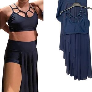 Reverence solo Custom rhinestoned dance costume navy blue 2 piece skirt SA adult